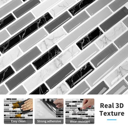 URCOLOR 10-Sheet Peel and Stick Backsplash Tile for Kitchen - 12”×12” Stick on Wall Tile for Bathroom, Black White Grey - color: Black White Grey