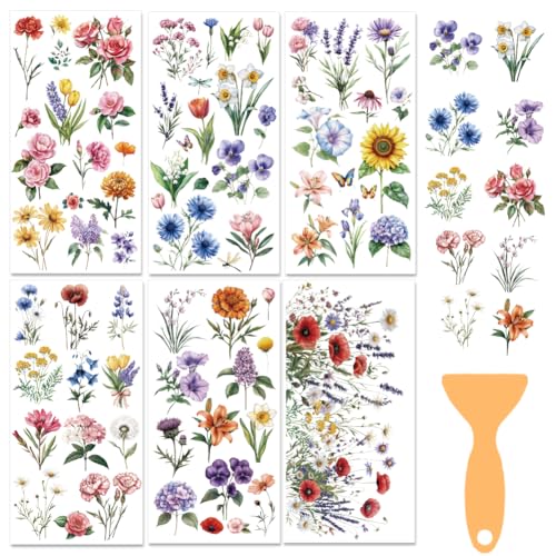 6 Sheets Vintage Wildflower Rub on Transfers for Crafts, Wood, Furniture, Watercolor Stickers, Decals, DIY Crafts, Botanical Flower Scrapbooking Stickers, Waterproof, 6"x12" - style: Wild Flower Clusters
