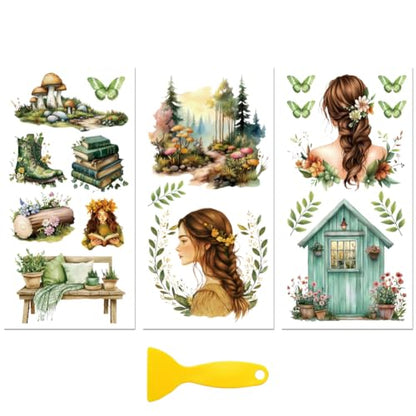 Peacoblue Forest and Girl Rub On Transfers for Furniture Craft 6"x12" - style: Forest Elements and Girl