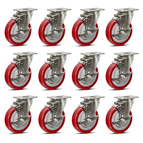 5" Caster Wheels Heavy Duty, Stainless Steel Casters for Cart, Each Industrial Polyurethane Caster Load 350 lbs (12 Brake) - style: 12 Brake