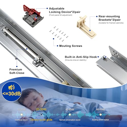 10 Pairs 18" Undermount Soft Close Drawer Slides, Bottom Mount Full Extension Drawer Slides, Zinc Plated Cold Rolled Steel 85 lb Load, Complete Mounting Hardware for Full Kitchen Cabinet Drawers Set - size: 18 Inch, style: Soft Close - 10 Pairs