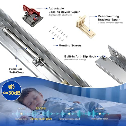 10 Pairs 18" Undermount Soft Close Drawer Slides, Bottom Mount Full Extension Drawer Slides, Zinc Plated Cold Rolled Steel 85 lb Load, Complete Mounting Hardware for Full Kitchen Cabinet Drawers Set - size: 18 Inch, style: Soft Close - 10 Pairs