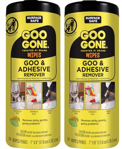 Goo Gone Adhesive Remover Wipes – Removes Stickers, Residue, Grease, Grime, Crayon, Sap, Sticky or Gooey Messes, Pre-Moistened Wipes, 2 Pack, 48 Count - size: 48 Wipes