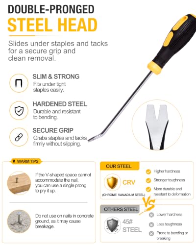 Heavy Duty Staple Remover Tool with Double Pronged Head, Upholstery Staple Puller for Furniture, Carpet, Floor, Wood, Carton and Tack Removal, Industrial Nail Lifter Tool
