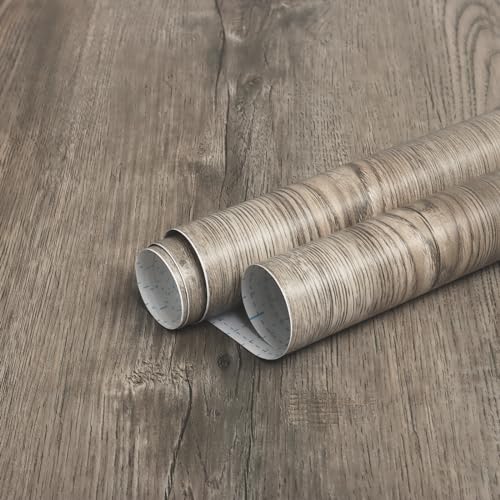 GloryTik 118"X17.7" Grey Brown Wood Grain Contact Paper Faux Wood Peel and Stick Wallpaper Wood Removable Self Adhesive Waterproof Wallpaper - color: Grey Brown, size: 17.7" x 118"