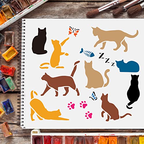 FINGERINSPIRE Cat Drawing Painting Stencils Templates (11.8x11.8 inch) Butterfly, Cat's paw,Butterfly, Fish Plastic Square Reusable Stencils for Painting on Wood, Floor, Wall and Fabric - color: Cat and Paw Print