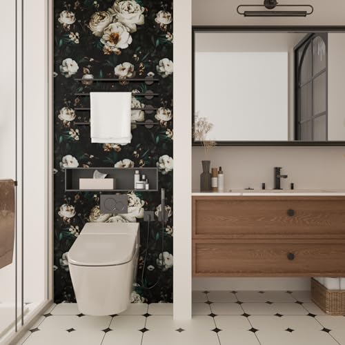 Laatse Dark Black Floral Wallpaper Peel and Stick 17.5" × 118" - color: Black/White, size: 17.5" x 118"