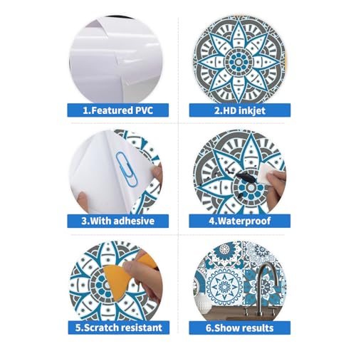 Peel Stick Vinyl Moroccan wall Tile Decals 6x6in Stick on backsplash,24Pc - color: Cyan Mandala 6x6