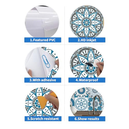 Peel Stick Vinyl Moroccan wall Tile Decals 6x6in Stick on backsplash,24Pc - color: Cyan Mandala 6x6