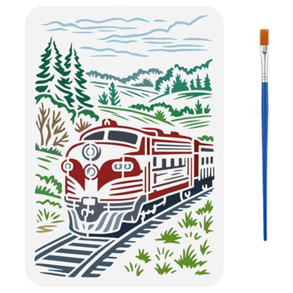 FINGERINSPIRE Train Mountain Forest Stencil 8.3x11.7inch with a Brush Steam Engine Train Stencils Rails Mountain Forest Drawing Template for DIY Painting on Walls Wood Canvas Home Decoration - style: Train Mountain Forest