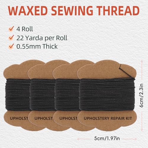 Upholstery Repair Kit: Extra Strong Waxed Sewing Thread 4 Rolls (Black Color) &Heavy Duty Household Hand Needles (7 PCS) for Leather, Canvas, Bookbinding & Quilting Thread - color: Black