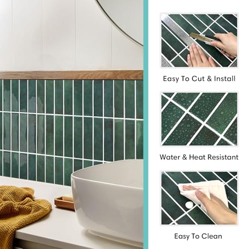 Commomy Green Peel and Stick Tile - 10 Pcs of 12" x 12" - color: Forest Green, Glossy Surface
