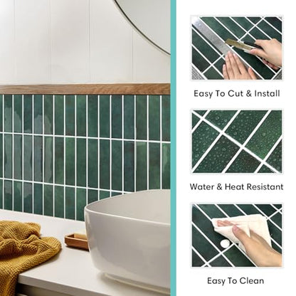 Commomy Green Peel and Stick Tile - 10 Pcs of 12" x 12" - color: Forest Green, Glossy Surface