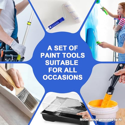 27 PCS Paint Roller Kit with Extension Pole, 4" & 9" Paint Rollers, Professional Paint Brushes for Walls Set, House Painting Supplies, Non-Slip Tray for All Latex and Oil Paints & Stains