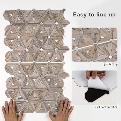 Peel and Stick Backsplash Tile, 10 Sheets Waterproof PVC Wall Tiles for Kitchen Bathroom, Thick Self Adhesive Stick on Backsplash, Covers 9.67 Sq.Ft. - color: Wood Mixed Silver Petal