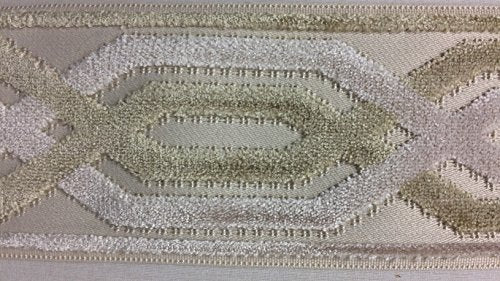 3.5" Woven Trim Tape with Velvet Embroidery H-1109/4 Cream, Navy Blue & French Blue Sold By The Yard Upholstery/Drapery