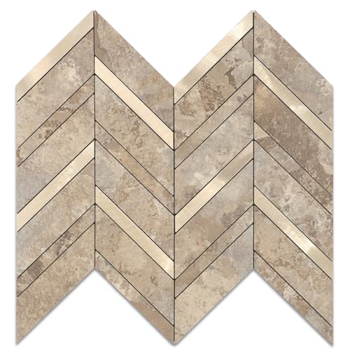 Yipscazo 10-Sheet Herringbone Backsplash Peel and Stick Tile, Beige Stone Mixed Metal Gold PVC Stick on Backsplash for Kitchen, Waterproof Self Adhesive Wall Tile for Bathroom - color: Beige Stone Mixed Metal Gold