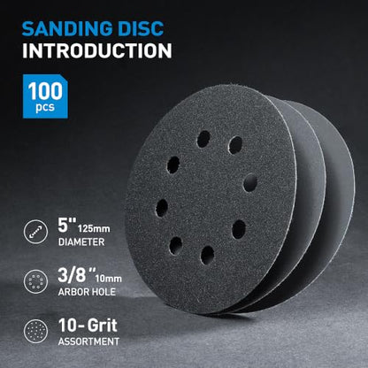 S SATC 5 Inch Wet Dry Sanding Discs 100 Pack, 8 Holes Hook and Loop Sandpaper, Assorted 180 to 5000 Grits Orbital Sander Sand Paper for Wood, Auto Body, Metal Finishing