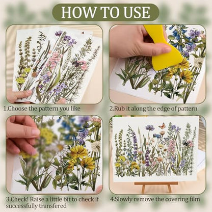 WANDIC 3 Sheets Rub On Transfer Stickers, Wild Flowers and Plants Pattern Waterproof Decals Furniture Craft Embellishments for DIY Scrapbooking Photo Albums,15 * 30cm - color: Wild Flower