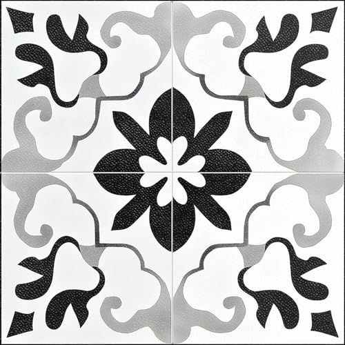 HOMETITUTE Black White Retro Peel Stick Vinyl Floor Tile 12x12 Inch - style: Black and Gray Vintage Floral
