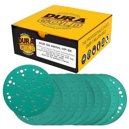 Dura-Gold 6" Green Film Sanding Discs, 10 Grit Assortment, 49-Hole Bx of 50 - style: Variety Pack
