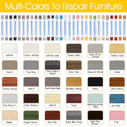 60+2 Pcs Wood Filler Sticks & Wood Crayons for Scratches, 30 Colors Wax Repair Kit with 2 Scrapers for Furniture, Floors, Cabinets, Baseboards - Quick & Easy Touch Up