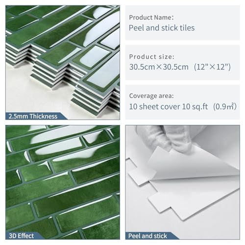 Peel and Stick Backsplash 3D Self Adhesive Wall Tile Green 10 Sheet - color: Olive Green