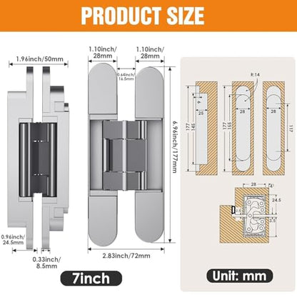 7" Hidden Door Hinge/Concealed Hinges,Invisible Hinges - color: silvery, size: 7 inches