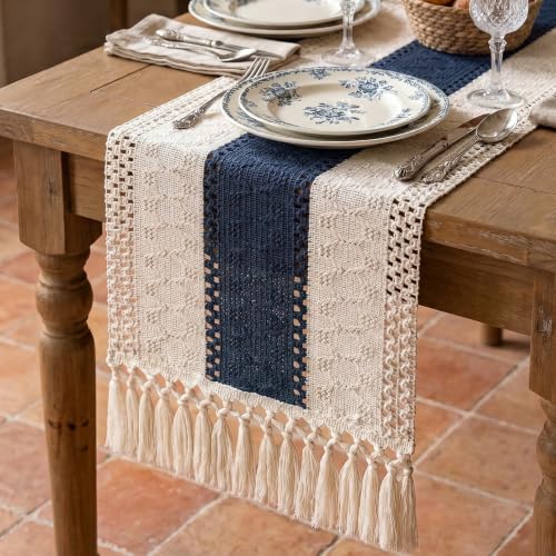 Boho Macrame Table Runner with Tassels 72in Blue Farmhouse Runner - color: White & Blue, size: 12'' x 72''