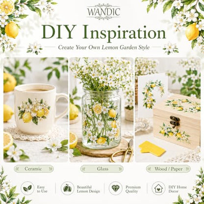 WANDIC 3 Sheets Rub On Transfer Stickers, Lemon Flowers Pattern Waterproof Decals Furniture Craft Embellishments for DIY Scrapbooking Photo Albums,15 * 30cm - color: Yellow