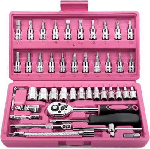 Egofine 46 Pieces 1/4 inch Drive Socket Ratchet Wrench Set, with Bit Socket Set Metric and Extension Bar for Auto Repairing and Household, with Pink Storage Case - color: Pink, size: 1/4" 46 PCS