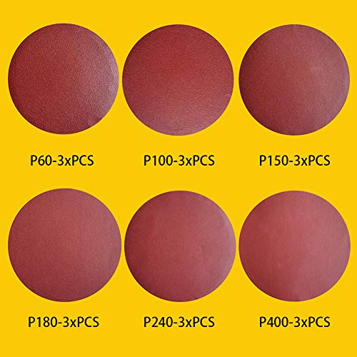18 PCS 12 Inch NO-Hole PSA Aluminum Oxide Sanding Disc, Self Stick(3 Each of 60 100 150 180 240 400 Grit) Brown - style: 12 Inch
