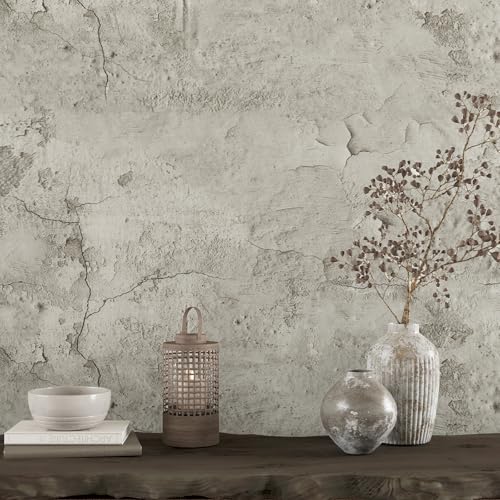 VEELIKE Grunge Beige Concrete Wallpaper Peel and Stick Cracked Concrete Textured Wallpaper for Bedroom Bathroom 32''x354'' Renter Friendly Cement Wallpaper Concrete Contact Paper for Walls Countertops - size: 32" x 354"