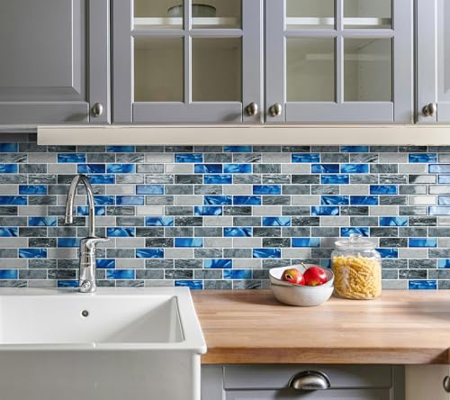 Peel and Stick Backsplash 3D Self Adhesive Marble Wall Tile 10 Sheet - color: Blue