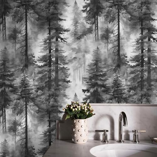 HAOKHOME Forest Wallpaper Peel and Stick Black White Mural 17.3in x 32.8ft - color: Grey/Black/White, size: 17.3in x 32.8ft
