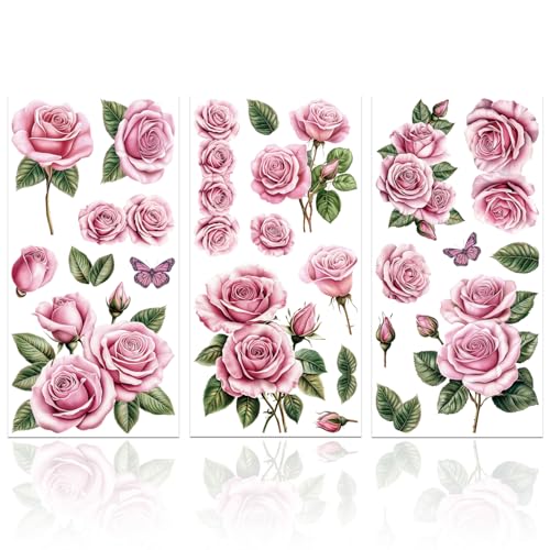 GLOBLELAND 3 Sheets Pink Rose Rub on Transfer for Furniture 6×12 inch - style: Pink Rose