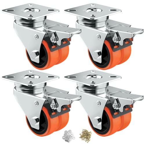 2" Double Wheel Casters with Brake (4 Pack) - color: Orange