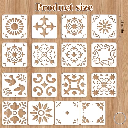 Yuanchu 16 Pack Tile Stencil Set (6X6 Inch), Reusable Spanish Mexican Talavera Stencils for Floor Wall Furniture Canvas DIY Home Décor