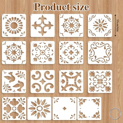 Yuanchu 16 Pack Tile Stencil Set (6X6 Inch), Reusable Spanish Mexican Talavera Stencils for Floor Wall Furniture Canvas DIY Home Décor