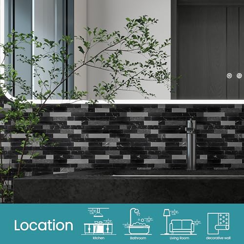 Nicesungdeco Peel and Stick 3D Natural Stone Mosaic Backsplash Tiles, 12" x 12" 5-Sheet Backsplash Self Adhesive Tiles for Kitchen Fireplace Vanity (Black Silver) - color: BLACK SILVER