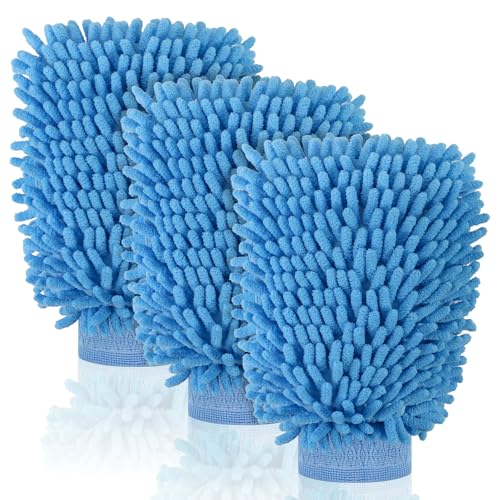 3 Pack Chenille Microfiber Car Wash Mitt, 7" x 9.6", Blue - color: Blue