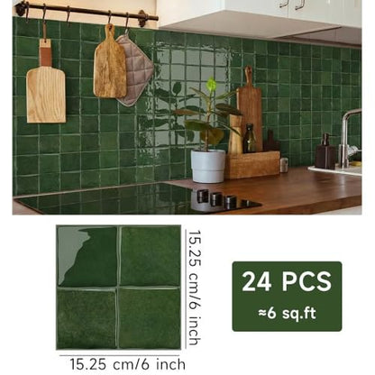 24 Sheets Peel and Stick Backsplash Tiles, 6x6 Inch Self-Adhesive 3D Square Wall Tile Stickers for Kitchen, Bathroom, RV, Countertops, Furniture, Stairs, Green - color: Green