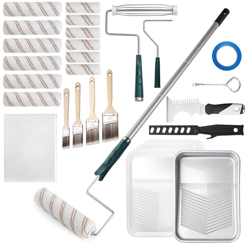 Mister Rui 28 Pack Paint Roller Kit with Extension Pole - size: 28 Pack 9 Inch Paint Roller Kit & Extension Pole