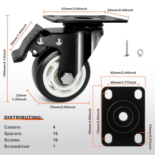 3 Inch Heavy Duty Black Caster Wheel Set of 4,Dual Brake, Silence - color: black, size: 3 inches