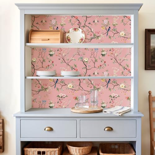 CHIHUT Blush Pink Chinoiserie Bird Floral Peel and Stick Wallpaper - color: Blush Pink, size: 17.7" x 236"