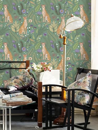 Floralplus Cheetah Peel and Stick Wallpaper Sage Green Wallpaper - color: Sage Green, size: 17.5" x 118"