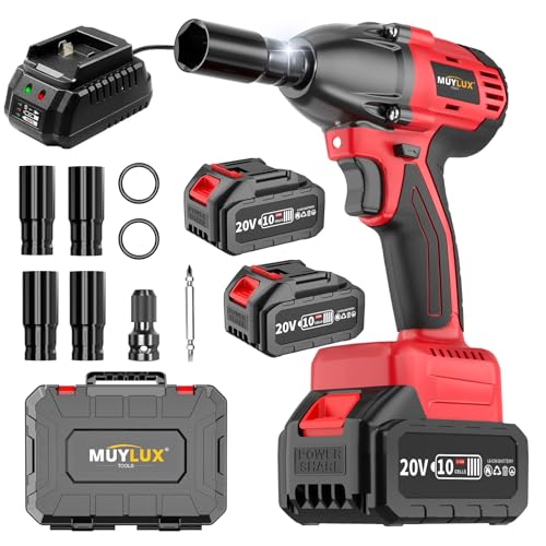 430N.m/320Ft-lbs Brushless Cordless Impact Wrench 1/2 Inch with 4.0Ah Battery and Charger, High Torque Electric Impact Gun, Power Drill Driver for Car/DIY Furniture/Lawn Mower, 2 Batteries