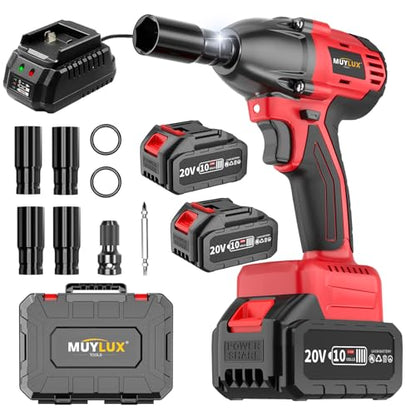 430N.m/320Ft-lbs Brushless Cordless Impact Wrench 1/2 Inch with 4.0Ah Battery and Charger, High Torque Electric Impact Gun, Power Drill Driver for Car/DIY Furniture/Lawn Mower, 2 Batteries