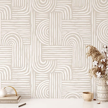 CostaCover Beige Boho Style Pell and Stick Wallpaper - Neutral Self Adhesive Modern Decor - Scandinavian Design Removable Temporary Wall Mural