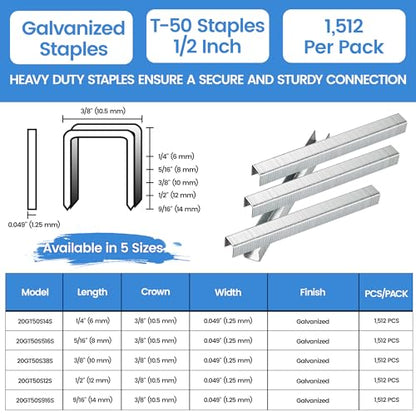 meite T50 Staples, 1/2 Inch Length Heavy Duty Staples for Staple Gun, Galvanized, 20 Gauge 3/8" Crown, Compatible with T50 Staple Gun, Ideal for Upholstery, Construction, Furniture (1,512 Counts) - size: 1/2 Inch, style: 1 Pack (1,512 Counts)